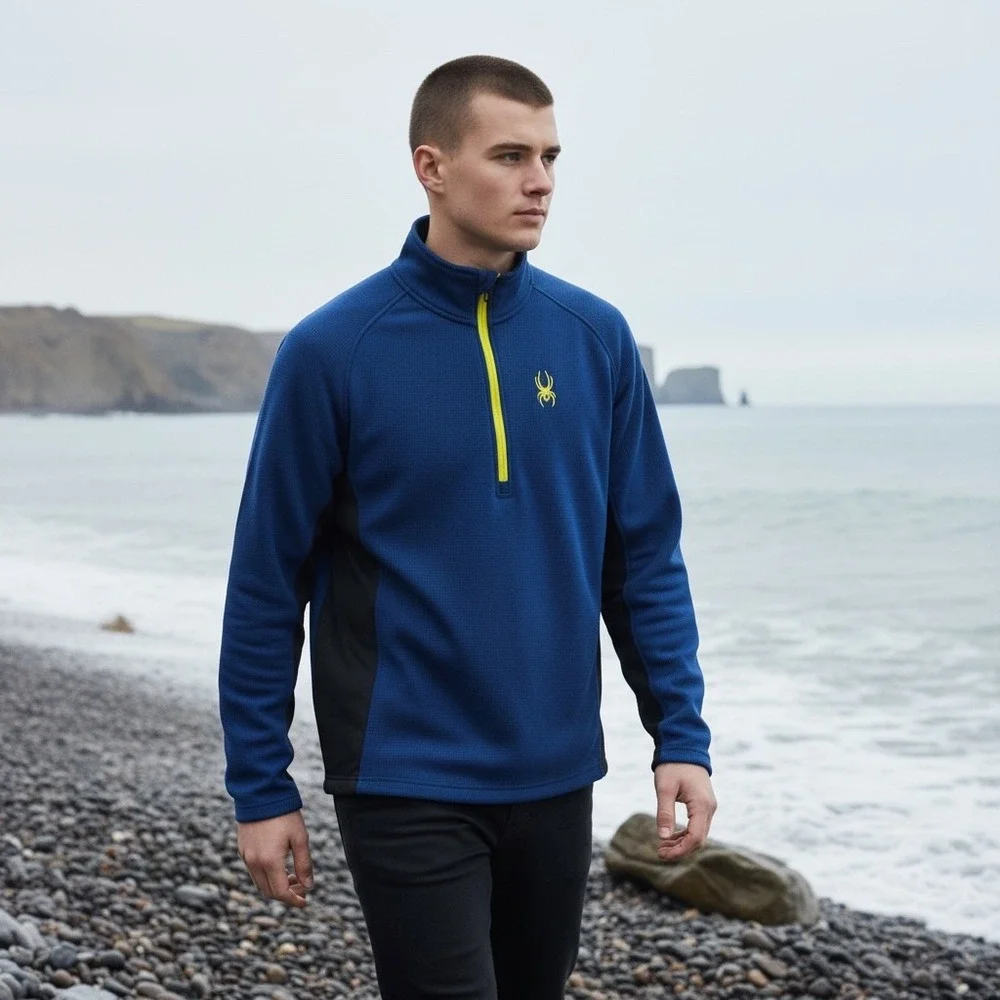Spyder Mens Quarter Zip Pullover Blue Black Waffle‎ Knit Fleece Large 1299048